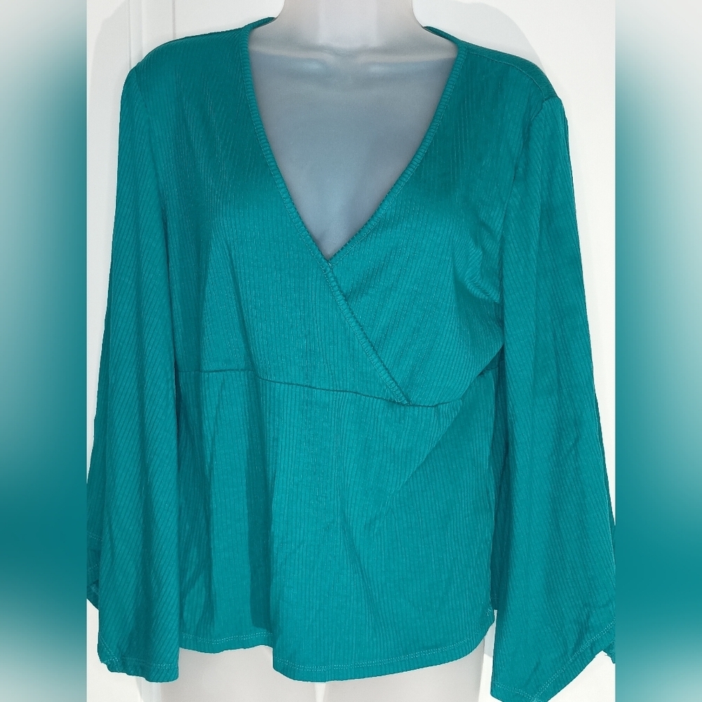 2/$30‎ WRANGLER Teal Harmony Ribbed V-Neck Top with Bell Sleeves top (#1,108)